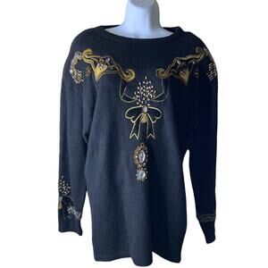 Vintage Cedars Beaded Lambs Wool Angora Rabbit Hair Sweater Women Embroidered